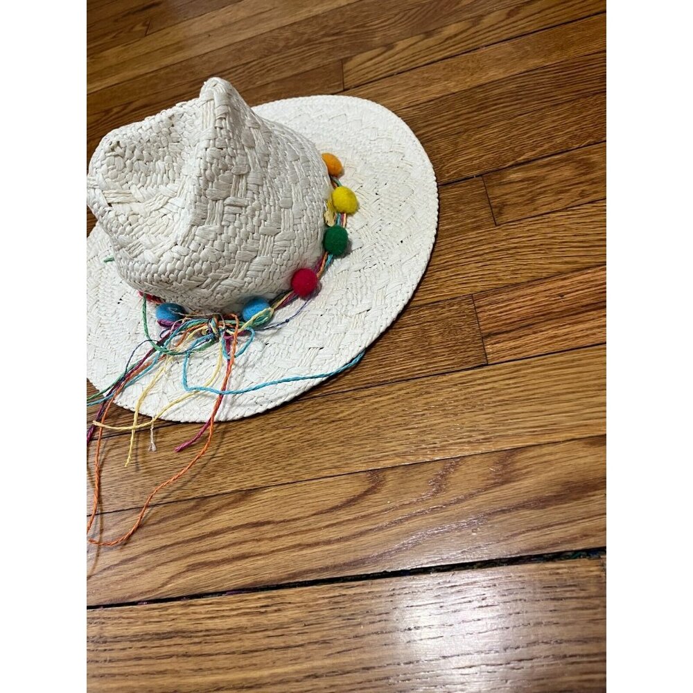 Betsey Johnson Straw Sun Hat Colorful Rainbow Trim One Size Cap Ivory EUC - Picture 3 of 11